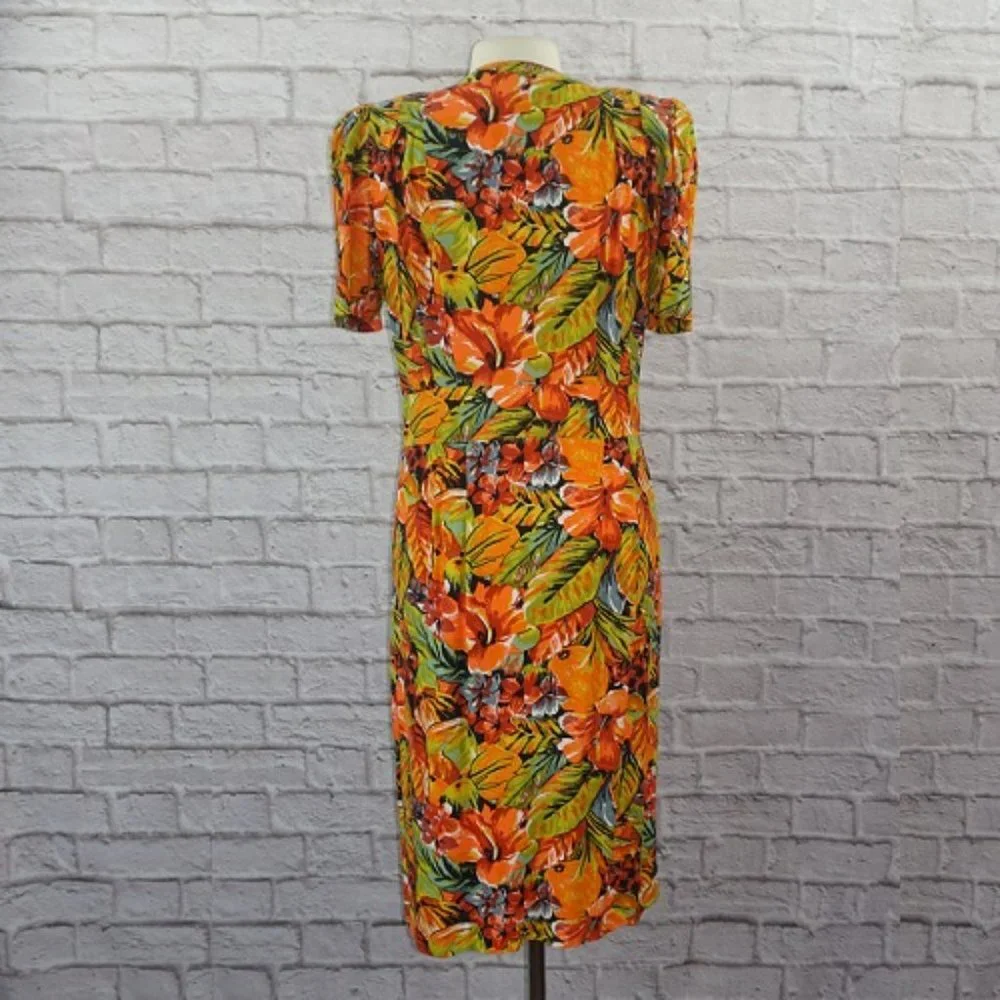 Vintage 80s Tropical Floral Print Dress 12 - Picture 2 of 11